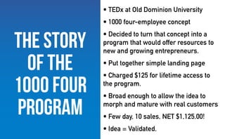 • TEDx at Old Dominion University
• 1000 four-employee concept
• Decided to turn that concept into a
program that would offer resources to
new and growing entrepreneurs.
• Put together simple landing page
• Charged $125 for lifetime access to
the program.
• Broad enough to allow the idea to
morph and mature with real customers
• Few day, 10 sales, NET $1,125.00!
• Idea = Validated.
The story
of the
1000 Four
program
 