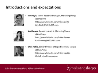 Introductions and expectations
                   • Jen Doyle, Senior Research Manager, MarketingSherpa
                             @JenLDoyle
                             http://www.linkedin.com/in/jenldoyle
                             Jen.Doyle@MECLABS.com

                   • Kaci Bower, Research Analyst, MarketingSherpa
                            @KaciBower
                            http://www.linkedin.com/in/kacibower
                            Kaci.Bower@MECLABS.com

                   • Chris Petko, Senior Director of Expert Services, Eloqua
                             @ChrisPetko
                             http://www.linkedin.com/in/chrispetko
                             Chris.P etko@eloqua.com




Join the conversation: #SherpaWebinar
 