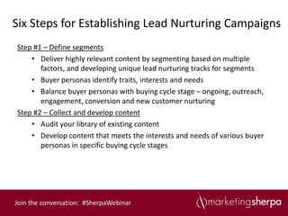 Six Steps for Establishing Lead Nurturing Campaigns
Step #1 – Define segments
    • Deliver highly relevant content by segmenting based on multiple
       factors, and developing unique lead nurturing tracks for segments
    • Buyer personas identify traits, interests and needs
    • Balance buyer personas with buying cycle stage – ongoing, outreach,
       engagement, conversion and new customer nurturing
Step #2 – Collect and develop content
    • Audit your library of existing content
    • Develop content that meets the interests and needs of various buyer
       personas in specific buying cycle stages




Join the conversation: #SherpaWebinar
 