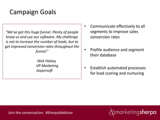 Campaign Goals
                                                 • Communicate effectively to all
“We’ve got this huge funnel. Plenty of people      segments to improve sales
 know us and use our software. My challenge        conversion rates
is not to increase the number of leads, but to
get improved conversion rates throughout the
                    funnel.”                     • Profile audience and segment
                                                   their database
                   -Nick Halsey
                   VP Marketing
                                                 • Establish automated processes
                   Jaspersoft
                                                   for lead scoring and nurturing




  Join the conversation: #SherpaWebinar
 
