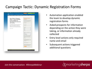 Campaign Tactic: Dynamic Registration Forms
                                        • Automation application enabled
                                          the team to develop dynamic
                                          registration forms
                                        • Asked prospects for information
                                          depending on the action they were
                                          taking, or information already
                                          collected
                                        • Entry level actions only required
                                          name and email
                                        • Subsequent actions triggered
                                          additional questions




Join the conversation: #SherpaWebinar
 