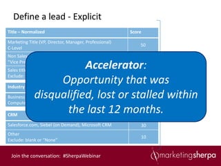 Define a lead - Explicit
Title – Normalized                                      Score

Marketing Title (VP, Director, Manager, Professional)
                                                            50
C-Level
Non Sales Directors and VPs
                                                            20

Sales titles
                        Accelerator:
“Vice President of Sales”

                                                            10
Exclude: Vice President of Sales

Industry
                  Opportunity that was                  Score

             disqualified, lost or stalled within
Business Services, Banking, Insurance, Technology,
                                                            20
Computer Hardware, Software

CRM
                   the last 12 months.                  Score

Salesforce.com, Siebel (on Demand), Microsoft CRM           30
Other
                                                            10
Exclude: blank or “None”


 Join the conversation: #SherpaWebinar
 