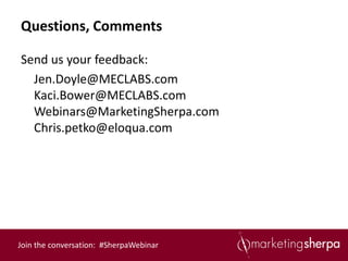 Questions, Comments

Send us your feedback:
  Jen.Doyle@MECLABS.com
  Kaci.Bower@MECLABS.com
  Webinars@MarketingSherpa.com
  Chris.petko@eloqua.com




Join the conversation: #SherpaWebinar
 