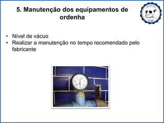 5. Manutenção dos equipamentos de
ordenha
• Nível de vácuo
• Realizar a manutenção no tempo recomendado pelo
fabricante
 