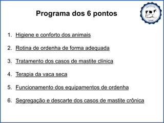 Programa dos 6 pontos
1. Higiene e conforto dos animais
2. Rotina de ordenha de forma adequada
3. Tratamento dos casos de mastite clínica
4. Terapia da vaca seca
5. Funcionamento dos equipamentos de ordenha
6. Segregação e descarte dos casos de mastite crônica
 