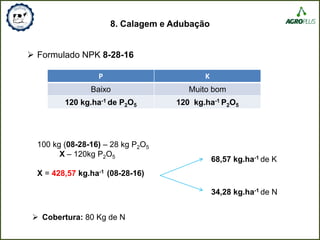 8. Calagem e Adubação
 Formulado NPK 8-28-16
P K
Baixo Muito bom
120 kg.ha-1 de P2O5 120 kg.ha-1 P2O5
100 kg (08-28-16) – 28 kg P2O5
X – 120kg P2O5
X = 428,57 kg.ha-1 (08-28-16)
68,57 kg.ha-1 de K
34,28 kg.ha-1 de N
 Cobertura: 80 Kg de N
 