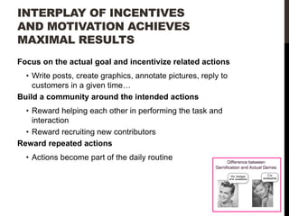 INTERPLAY OF INCENTIVES
AND MOTIVATION ACHIEVES
MAXIMAL RESULTS
Focus on the actual goal and incentivize related actions
• Write posts, create graphics, annotate pictures, reply to
customers in a given time…
Build a community around the intended actions
• Reward helping each other in performing the task and
interaction
• Reward recruiting new contributors
Reward repeated actions
• Actions become part of the daily routine

 