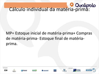 Cálculo individual da matéria-prima:
MP= Estoque inicial de matéria-prima+ Compras
de matéria-prima- Estoque final de matéria-
prima.
 
