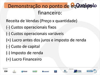 Demonstração no ponto de equilíbrio
financeiro:
Receita de Vendas (Preço x quantidade)
(-) Custos operacionais fixos
(-) Custos operacionais variáveis
(=) Lucro antes dos juros e imposto de renda
(-) Custo de capital
(-) Imposto de renda
(=) Lucro Financeiro
 