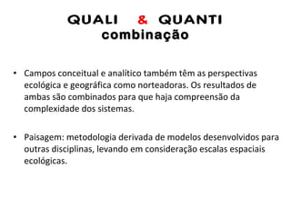 QUALI  &  QUANTI combinação Campos conceitual e analítico também têm as perspectivas ecológica e geográfica como norteadoras. Os resultados de ambas são combinados para que haja compreensão da complexidade dos sistemas. Paisagem: metodologia derivada de modelos desenvolvidos para outras disciplinas, levando em consideração escalas espaciais ecológicas. 
