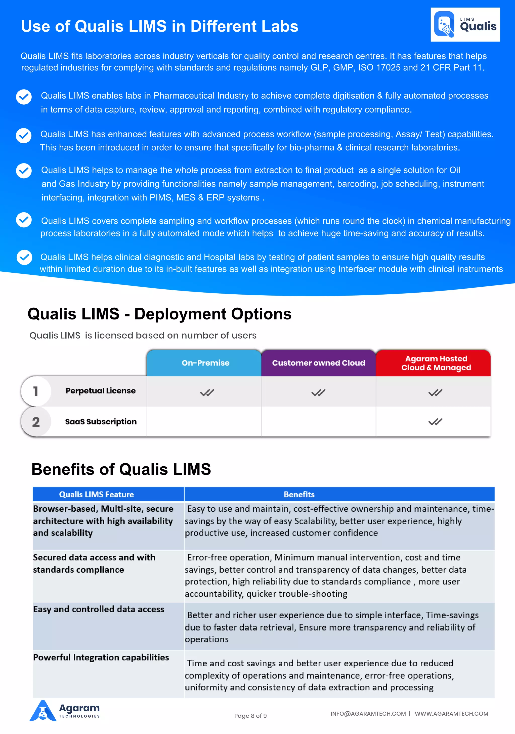 INFO@AGARAMTECH.COM | WWW.AGARAMTECH.COM
Agaram
T E C H N O L O G I E S
Use of Qualis LIMS in Different Labs
Benefits of Qualis LIMS
Qualis LIMS - Deployment Options
Qualis LIMS is licensed based on number of users
Qualis LIMS fits laboratories across industry verticals for quality control and research centres. It has features that helps
regulated industries for complying with standards and regulations namely GLP, GMP, ISO 17025 and 21 CFR Part 11.
Qualis LIMS enables labs in Pharmaceutical Industry to achieve complete digitisation & fully automated processes
in terms of data capture, review, approval and reporting, combined with regulatory compliance.
Qualis LIMS has enhanced features with advanced process workflow (sample processing, Assay/ Test) capabilities.
This has been introduced in order to ensure that specifically for bio-pharma & clinical research laboratories.
Qualis LIMS helps to manage the whole process from extraction to final product as a single solution for Oil
and Gas Industry by providing functionalities namely sample management, barcoding, job scheduling, instrument
interfacing, integration with PIMS, MES & ERP systems .
Qualis LIMS covers complete sampling and workflow processes (which runs round the clock) in chemical manufacturing
process laboratories in a fully automated mode which helps to achieve huge time-saving and accuracy of results.
Qualis LIMS helps clinical diagnostic and Hospital labs by testing of patient samples to ensure high quality results
within limited duration due to its in-built features as well as integration using Interfacer module with clinical instruments
Page 8 of 9
 