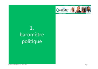 1.	
  
                                          baromètre	
  
                                           poliVque                      	
  




QualiStat	
  Etudes	
  &	
  Conseil	
  	
  -­‐	
  	
  Mars	
  2013	
            Page	
  6	
  
 
