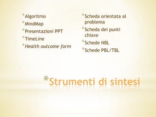 * Algoritmo             * Scheda orientata al
* MindMap                problema
* Presentazioni PPT     * Scheda dei punti
                         chiave
* TimeLine
                        * Schede NBL
* Health outcome form
                        * Schede PBL/TBL




         *Strumenti di sintesi
 