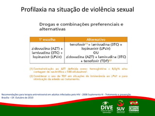 Profilaxia na situação de violência sexual
Recomendações para terapia antirretroviral em adultos infectados pelo HIV - 2008 Suplemento III - Tratamento e prevenção
Brasília – DF. Outubro de 2010
 