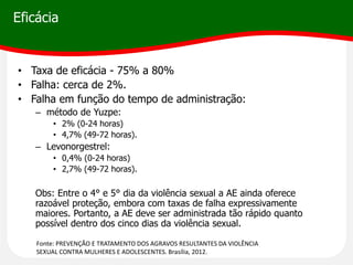 Eficácia
• Taxa de eficácia - 75% a 80%
• Falha: cerca de 2%.
• Falha em função do tempo de administração:
– método de Yuzpe:
• 2% (0-24 horas)
• 4,7% (49-72 horas).
– Levonorgestrel:
• 0,4% (0-24 horas)
• 2,7% (49-72 horas).
Obs: Entre o 4° e 5° dia da violência sexual a AE ainda oferece
razoável proteção, embora com taxas de falha expressivamente
maiores. Portanto, a AE deve ser administrada tão rápido quanto
possível dentro dos cinco dias da violência sexual.
Fonte: PREVENÇÃO E TRATAMENTO DOS AGRAVOS RESULTANTES DA VIOLÊNCIA
SEXUAL CONTRA MULHERES E ADOLESCENTES. Brasília, 2012.
 