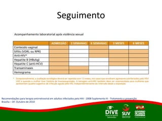 Seguimento
Recomendações para terapia antirretroviral em adultos infectados pelo HIV - 2008 Suplemento III - Tratamento e prevenção
Brasília – DF. Outubro de 2010
 