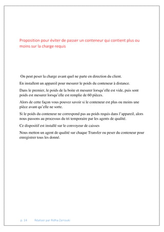 p. 14 Réaliser par Ridha Zarrouki
Proposition pour éviter de passer un conteneur qui contient plus ou
moins sur la charge requis
On peut peser la charge avant quel ne parte en direction du client.
En installent un appareil pour mesurer le poids du conteneur à distance.
Dans le premier, le poids de la boite et mesurer lorsqu’elle est vide, puis sont
poids est mesurer lorsqu’elle est remplie de 60 pièces.
Alors de cette façon vous pouvez savoir si le conteneur est plus ou moins une
pièce avant qu’elle ne sorte.
Si le poids du conteneur ne correspond pas au poids requis dans l’appareil, alors
nous passons au processus du tri temporaire par les agents de qualité.
Ce dispositif est installé sur le convoyeur de caisses
Nous metton un agent de qualité sur chaque Transfer ou peser du conteneur pour
enregistrer tous les donné.
 