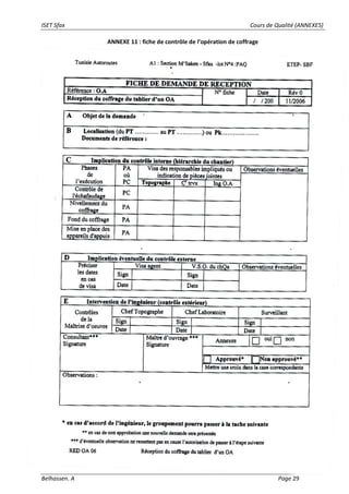 ISET Sfax Cours de Qualité (ANNEXES)
Belhassen. A Page 29
ANNEXE 11 : fiche de contrôle de l’opération de coffrage
 