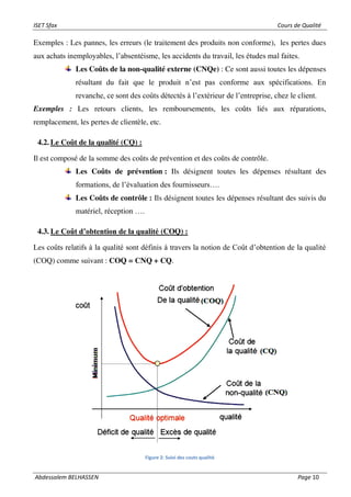 ISET Sfax Cours de Qualité
Abdessalem BELHASSEN Page 10
Exemples : Les pannes, les erreurs (le traitement des produits non conforme), les pertes dues
aux achats inemployables, l’absentéisme, les accidents du travail, les études mal faites.
Les Coûts de la non-qualité externe (CNQe) : Ce sont aussi toutes les dépenses
résultant du fait que le produit n’est pas conforme aux spécifications. En
revanche, ce sont des coûts détectés à l’extérieur de l’entreprise, chez le client.
Exemples : Les retours clients, les remboursements, les coûts liés aux réparations,
remplacement, les pertes de clientèle, etc.
4.2. Le Coût de la qualité (CQ) :
Il est composé de la somme des coûts de prévention et des coûts de contrôle.
Les Coûts de prévention : Ils désignent toutes les dépenses résultant des
formations, de l’évaluation des fournisseurs….
Les Coûts de contrôle : Ils désignent toutes les dépenses résultant des suivis du
matériel, réception ….
4.3. Le Coût d’obtention de la qualité (COQ) :
Les coûts relatifs à la qualité sont définis à travers la notion de Coût d’obtention de la qualité
(COQ) comme suivant : COQ = CNQ + CQ.
Figure 2: Suivi des couts qualité
 