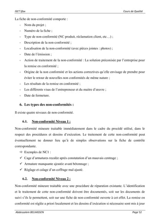 ISET Sfax Cours de Qualité
Abdessalem BELHASSEN Page 52
La fiche de non-conformité comporte :
- Nom du projet ;
- Numéro de la fiche ;
- Type de non-conformité (NC produit, réclamation client, etc…) ;
- Description de la non-conformité ;
- Localisation de la non-conformité (avec pièces jointes : photos) ;
- Date de l’émission ;
- Action de traitement de la non-conformité : La solution préconisée par l’entreprise pour
la remise en conformité ;
- Origine de la non conformité et les actions correctives qu’elle envisage de prendre pour
éviter le retour de nouvelles non conformités de même nature ;
- Les résultats de la remise en conformité ;
- Les différents visas de l’entrepreneur et du maitre d’œuvre ;
- Date de fermeture.
6. Les types des non-conformités :
Il existe quatre niveaux de non-conformité.
6.1. Non-conformité Niveau 1 :
Non-conformité mineure traitable immédiatement dans le cadre du procédé utilisé, dans le
respect des procédures et dessins d’exécution. Le traitement de cette non-conformité peut
éventuellement ne donner lieu qu’à de simples observations sur la fiche de contrôle
correspondante.
 Exemples de NC1 :
✓ Cage d’armatures recalée après constatation d’un mauvais centrage ;
✓ Armature manquante ajoutée avant bétonnage ;
✓ Réglage et calage d’un coffrage mal ajusté.
6.2. Non-conformité Niveau 2 :
Non-conformité mineure traitable avec une procédure de réparation existante. L’identification
et le traitement de cette non-conformité doivent être documentés, soit sur les documents de
suivi s’ils le permettent, soit sur une fiche de non-conformité ouverte à cet effet. La remise en
conformité est réglée a priori localement et les dessins d’exécution si nécessaire sont mis à jour
 