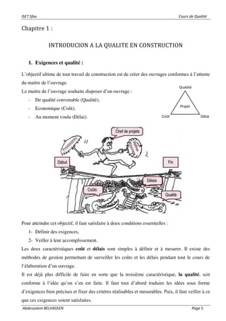 ISET Sfax Cours de Qualité
Abdessalem BELHASSEN Page 5
Chapitre 1 :
INTRODUCION A LA QUALITE EN CONSTRUCTION
1. Exigences et qualité :
L’objectif ultime de tout travail de construction est de créer des ouvrages conformes à l’attente
du maitre de l’ouvrage.
Le maitre de l’ouvrage souhaite disposer d’un ouvrage :
- De qualité convenable (Qualité),
- Economique (Coût),
- Au moment voulu (Délai).
Pour atteindre cet objectif, il faut satisfaire à deux conditions essentielles :
1- Définir des exigences,
2- Veiller à leur accomplissement.
Les deux caractéristiques coût et délais sont simples à définir et à mesurer. Il existe des
méthodes de gestion permettant de surveiller les coûts et les délais pendant tout le cours de
l’élaboration d’un ouvrage.
Il est déjà plus difficile de faire en sorte que la troisième caractéristique, la qualité, soit
conforme à l’idée qu’on s’en est faite. Il faut tout d’abord traduire les idées sous forme
d’exigences bien précises et fixer des critères réalisables et mesurables. Puis, il faut veiller à ce
que ces exigences soient satisfaites.
 
