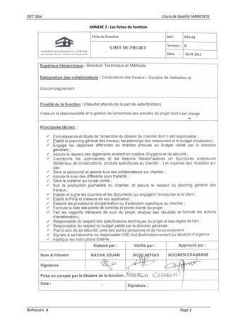 ISET Sfax Cours de Qualité (ANNEXES)
Belhassen. A Page 2
ANNEXE 2 : Les fiches de fonction
 