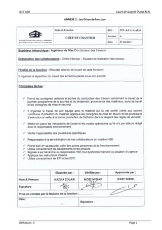 ISET Sfax Cours de Qualité (ANNEXES)
Belhassen. A Page 3
ANNEXE 2 : Les fiches de fonction
 