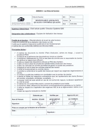 ISET Sfax Cours de Qualité (ANNEXES)
Belhassen. A Page 4
ANNEXE 2 : Les fiches de fonction
 