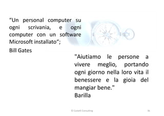 “Un personal computer su
ogni scrivania, e ogni
computer con un software
Microsoft installato“;Microsoft installato“;
Bill Gates
"Aiutiamo le persone a
vivere meglio, portando
ogni giorno nella loro vita il
benessere e la gioia delbenessere e la gioia del
mangiar bene."
Barilla
36© Castelli Consulting
 