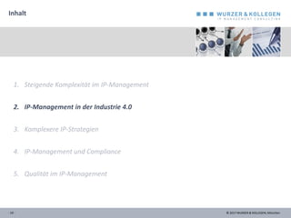 © 2017 WURZER & KOLLEGEN, München
Inhalt
- 10 -
1. Steigende Komplexität im IP-Management
2. IP-Management in der Industrie 4.0
3. Komplexere IP-Strategien
4. IP-Management und Compliance
5. Qualität im IP-Management
 