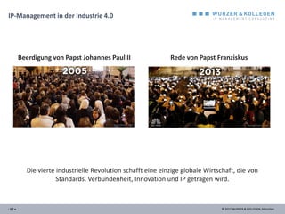 © 2017 WURZER & KOLLEGEN, München- 12 -
IP-Management in der Industrie 4.0
- 12 
Die vierte industrielle Revolution schafft eine einzige globale Wirtschaft, die von
Standards, Verbundenheit, Innovation und IP getragen wird.
Beerdigung von Papst Johannes Paul II Rede von Papst Franziskus
 