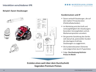 © 2017 WURZER & KOLLEGEN, München- 18 -
Interaktion verschiedener IPR
 Dyson verkauft Staubsauger, die auf
dem Zyklon Prinzip beruhen
(Fliehkraftabscheider).
 Im Marketing wird die Kraft und
Leistungsfähigkeit des Staubsaugers
besonders hervorgehoben und als
Markenversprechen verankert.
 Die gesamte Gestaltung des Geräts
zielt darauf ab, potenziellen Kunden
die überlegene Kraft des
Staubsaugers zu suggerieren.
 Die kundenrelevanten Elemente
sind zielgerichtet durch IP geschützt.
 Folge: Durchsetzung höchster
Preise im Markt
Kundennutzen und IP
Erzielen eines weit über dem Durchschnitt
liegenden Premium Preises
Beispiel: Dyson Staubsauger
 