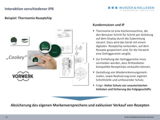 © 2017 WURZER & KOLLEGEN, München- 19 -
Interaktion verschiedener IPR
 Thermomix ist eine Küchenmaschine, die
den Benutzer Schritt für Schritt per Anleitung
auf dem Display durch die Zubereitung
steuert. Dazu wird das Gerät mit einem
digitalen Rezeptchip verbunden, auf dem
Rezepte gespeichert sind, für die Vorwerk
eine Gelinggarantie vergibt.
 Zur Einhaltung der Gelinggarantie muss
vermieden werden, dass Drittanbieter
kompatible Rezeptchips verkaufen können.
 Gestaltung von Wiedererkennungsmerk-
malen, sowie Realisierung einer eigenen
Schnittstelle und umfassender Schutz.
 Folge: Hoher Schutz vor unautorisierten
Imitaten und Sicherung des Folgegeschäfts
Kundennutzen und IP
Absicherung des eigenen Markenversprechens und exklusiver Verkauf von Rezepten
Beispiel: Thermomix Rezeptchip
„Cookey“
 