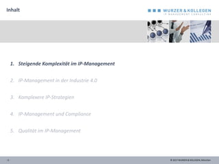 © 2017 WURZER & KOLLEGEN, München
Inhalt
- 2 -
1. Steigende Komplexität im IP-Management
2. IP-Management in der Industrie 4.0
3. Komplexere IP-Strategien
4. IP-Management und Compliance
5. Qualität im IP-Management
 