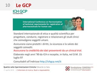 11 aprile 2018 | L’infermiere di ricerca: Ruoli e responsabilità
Qualità nelle Sperimentazioni Cliniche Edoardo la Sala
10 Le GCP
Standard internazionale di etica e qualità scientifica per
progettare, condurre, registrare e relazionare gli studi clinici
che coinvolgano soggetti umani.
Assicurano siano protetti i diritti, la sicurezza e la salute dei
soggetti coinvolti.
Assicurano la credibilità dei dati provenienti da un clinical trial.
Elaborate negli anni ’90 da ICH e recepite, in Italia, nel D.M. 15
luglio 97
Consultabili all’indirizzo http://ichgcp.net/it
 