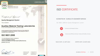 BUSNESS PROPOSAL 11
ISO CERTIFICATE
ISO 9001: 2008 for Quality Management system .
ACCREDITED BY : BUREAU OF ASSESMENT SERVICES
Chemical and Biological Analysis
Onshore and Offshore Oil & Gas Fields and Facilities Services
ISSUE DATE :21.SEP-2013 EXPIRY DATE :20.SEP.2016
 