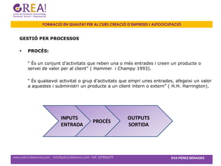 FORMACIÓ EN QUALITAT PER AL CURS CREACIÓ D’EMPRESES I AUTOOCUPACIÓ


    GESTIÓ PER PROCESSOS

        PROCÉS:

         “ És un conjunt d’activitats que reben una o més entrades i creen un producte o
         servei de valor per al client” ( Hammer i Champy 1993).

         “ És qualsevol activitat o grup d’activitats que empri unes entrades, afegeixi un valor
         a aquestes i subministri un producte a un client intern o extern” ( H.H. Harrington).




                              INPUTS                              OUTPUTS
                                                  PROCÉS
                              ENTRADA                             SORTIDA




www.psicovilanova.com · info@psicovilanova.com· Telf. 637856379                EVA PÉREZ BENAGES
 