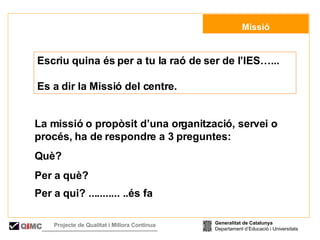  Missió La missió o propòsit d’una organització, servei o procés, ha de respondre a 3 preguntes: Què?   Per a què?   Per a qui? ........... ..és fa   Escriu quina és per a tu la raó de ser de l’IES…... Es a dir la Missió del centre. Generalitat de Catalunya Departament d’Educació i Universitats Q i MC Projecte de Qualitat i Millora Contínua  