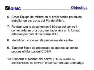 Objectius QiMC 10. Elaborar el Manual del servei  ( Pla de qualitat del servei principal del centre):  l’ensenyament /aprenentatge . 9.  Elaborar fitxes de processos adaptades al centre  segons el Manual del CIDEM 8.  Identificar i conèixer els processos del centre 7.  Revisar tota la documentació bàsica del centre i  convertir-la en una documentació viva amb format  adequat per complir la norma ISO  6.  Crear Equips de millora en el propi centre per tal de  treballar en els punts del Pla de Millora. 