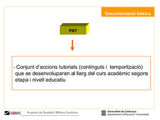   Documentació bàsica PAT -  Conjunt d’accions tutorials (continguts i  temporització) que es desenvoluparan al llarg del curs acadèmic segons etapa i nivell educatiu Generalitat de Catalunya Departament d’Educació i Universitats Q i MC Projecte de Qualitat i Millora Contínua  