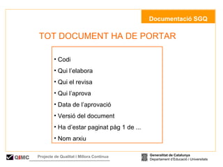   Documentació SGQ TOT DOCUMENT HA DE PORTAR Codi Qui l’elabora Qui el revisa Qui l’aprova Data de l’aprovació Versió del document Ha d’estar paginat pàg 1 de ... Nom arxiu Generalitat de Catalunya Departament d’Educació i Universitats Q i MC Projecte de Qualitat i Millora Contínua  