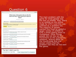 Question 6 
The main problem with the 
game for most people was 
the lack of wildlife. Also, there 
is no wildlife on the online 
mode for GTA 5 and this was 
outlined as a problem too. 
The majority of people 
wanted this fixed by added a 
larger variety of wildlife to 
GTA 5 whilst adding them to 
multiplayer. Other things 
people did not like are the 
movement on the submarine, 
weapons, lacking detail on 
the countryside and one 
person states that the 
problem was they do not own 
the game. 

