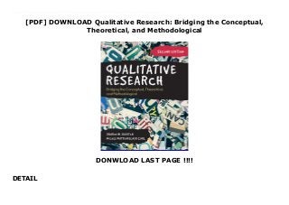 [PDF] DOWNLOAD Qualitative Research: Bridging the Conceptual,
Theoretical, and Methodological
DONWLOAD LAST PAGE !!!!
DETAIL
Popular Book Focused on developing the conceptual, theoretical, and methodological knowledge needed to engage in rigorous and valid research, this introductory text provides practical explanations, exercises, and advice for how to conduct qualitative research from design through implementation, analysis, and writing up research. Qualitative Research presents the field in a unique and meaningful way, and helps readers understand what authors Sharon M. Ravitch and Nicole Mittenfelner Carl call criticality in qualitative research by communicating its foundations and processes with clarity and simplicity while still capturing complexity. Packed with real-life examples of questions, issues, and situations that stem from the authors and their students research, the book humanizes the qualitative research endeavor, illustrates the types of scenarios that arise, and emphasizes the importance of actively considering paradigmatic values throughout every stage of the research process. In every chapter, the authors illustrate the qualitative research process as decidedly ideological, political, and subjective using themes of criticality, reflexivity, collaboration, and rigor.
 