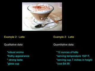 Example 2: Latte
Qualitative data:
*robust aroma
*frothy appearance
* strong taste
*glass cup
Example 2: Latte
Quantitative data:
*12 ounces of latte
*serving temperature 1500
F.
*serving cup 7 inches in height
*cost $4.95
 