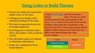 Using Codes to Build Themes
 Process by which the researcher
makes sense of the data.
 Coding process begins with
repeated readings of the data.
 The data is segmented into text
or image fragments.
 Each fragment is labeled with a
short, descriptive word or phrase
(code).
 The identified codes are refined
to eliminate redundancy.
 Codes are combined to form
broad themes.
I really wasn’t happy with the outcome. I
almost started to cry when I found out. I had
worked so hard to get a good grade in the
class. I felt bad that all my hard work was for
nothing. I knew that this would have a big
impact on my GPA. I had to get and get myself
together before anyone from class saw me. I
didn’t want them asking why I was misty-eyed
all of a sudden.
Codes Theme
Tearfulness
Disappointment
Sadness
 