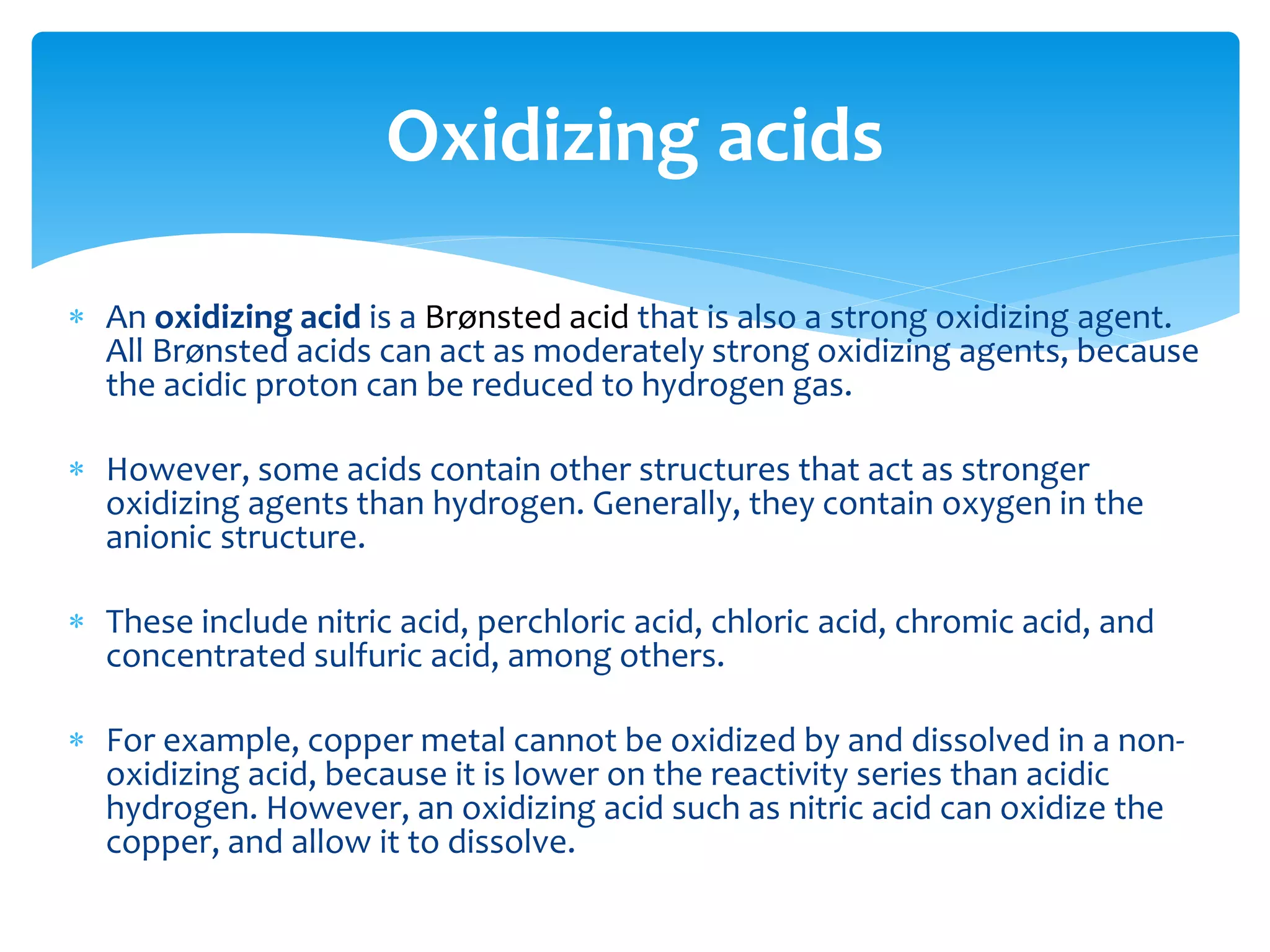  Aluminium hydroxide is as well:
 Base (neutralizing an acid): Al(OH)3 + 3HCl → {write products}
 Acid (neutralizing a base): Al(OH)3 + NaOH → {write products}
 Some other examples include:
 Aluminium oxide
 with acid: Al2O3 + 3H2O + 6H3O+(aq) →) {write products}
 with base: Al2O3 + 3H2O + 2OH-(aq) → 2 {write products}
 Lead oxide
 with acid: PbO + 2HCl → {write products}
 with base: PbO + Ca(OH)2 +H2O → {write products}
 Question: see if you can write ionic chemical equations that illustrate the
amphoteric nature of Beryllium hydroxide?
Amphoteric oxides and hydroxides
 