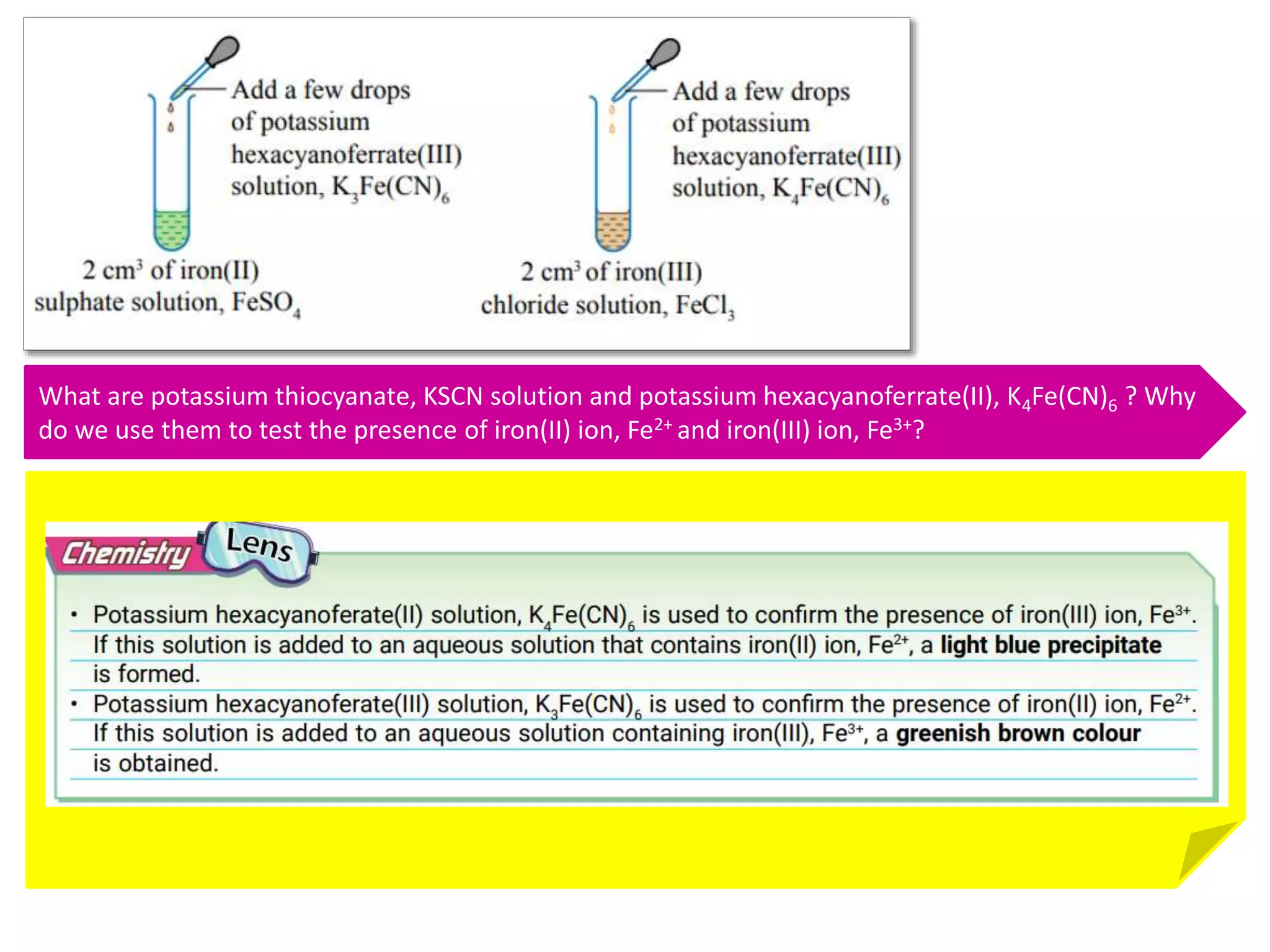 EXPERIMENT 6.11 CONFIRMATORY TEST FOR CATIONS (NH4
+, Fe2+, Fe3+, Pb2+)
What are potassium thiocyanate, KSCN solution and potassium hexacyanoferrate(II), K4Fe(CN)6 ? Why
do we use them to test the presence of iron(II) ion, Fe2+ and iron(III) ion, Fe3+?
 