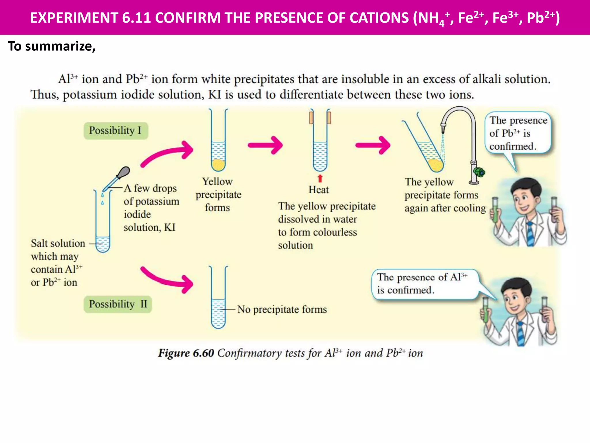EXPERIMENT 6.11 CONFIRM THE PRESENCE OF CATIONS (NH4
+, Fe2+, Fe3+, Pb2+)
To summarize,
 