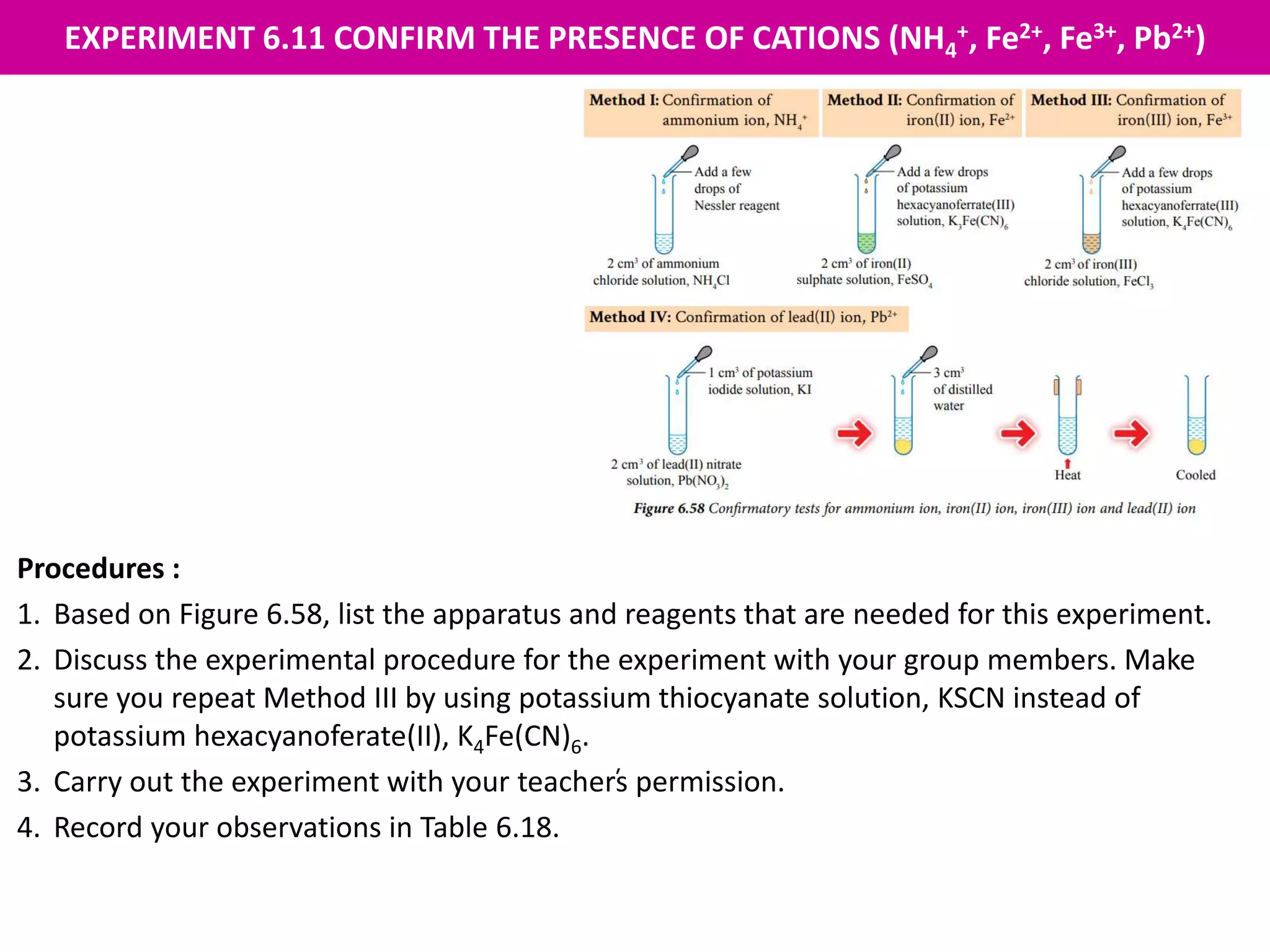 EXPERIMENT 6.11 CONFIRM THE PRESENCE OF CATIONS (NH4
+, Fe2+, Fe3+, Pb2+)
M
Procedures :
1. Based on Figure 6.58, list the apparatus and reagents that are needed for this experiment.
2. Discuss the experimental procedure for the experiment with your group members. Make
sure you repeat Method III by using potassium thiocyanate solution, KSCN instead of
potassium hexacyanoferate(II), K4Fe(CN)6.
3. Carry out the experiment with your teacher̕
s permission.
4. Record your observations in Table 6.18.
 