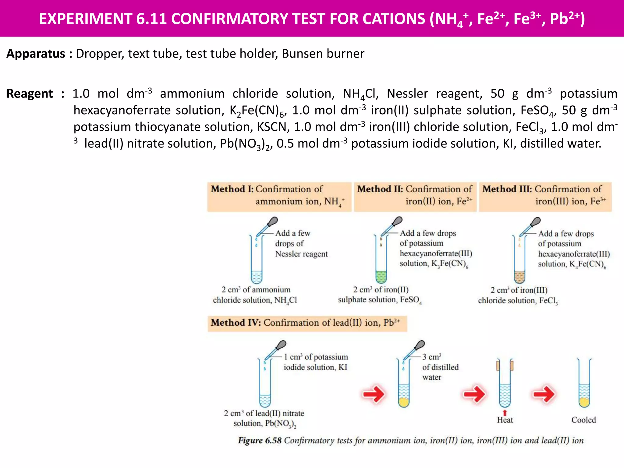 EXPERIMENT 6.11 CONFIRMATORY TEST FOR CATIONS (NH4
+, Fe2+, Fe3+, Pb2+)
Apparatus : Dropper, text tube, test tube holder, Bunsen burner
Reagent : 1.0 mol dm-3 ammonium chloride solution, NH4Cl, Nessler reagent, 50 g dm-3 potassium
hexacyanoferrate solution, K2Fe(CN)6, 1.0 mol dm-3 iron(II) sulphate solution, FeSO4, 50 g dm-3
potassium thiocyanate solution, KSCN, 1.0 mol dm-3 iron(III) chloride solution, FeCl3, 1.0 mol dm-
3 lead(II) nitrate solution, Pb(NO3)2, 0.5 mol dm-3 potassium iodide solution, KI, distilled water.
 